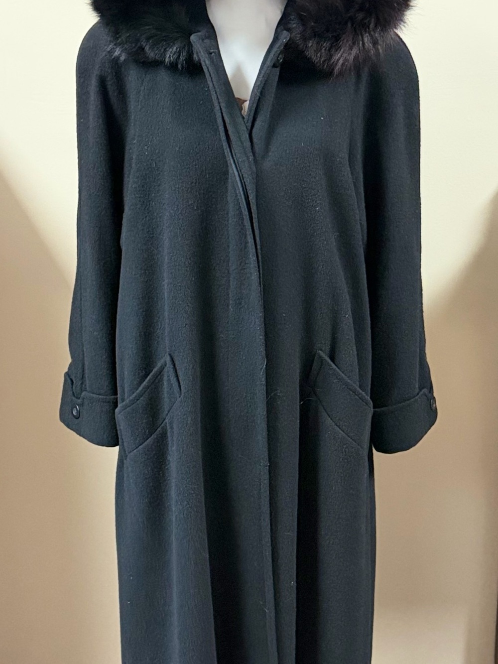 Classic Black Trench Coat with Fur-Trim Hood